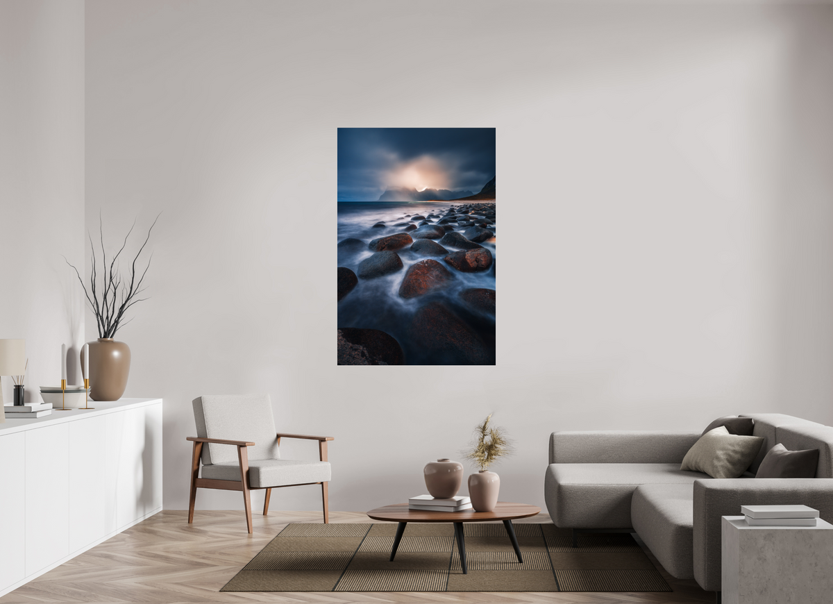 100 x 150 cm, Photo Print Under Acrylic Glass Rocky Beach at Sunset, Lofoten