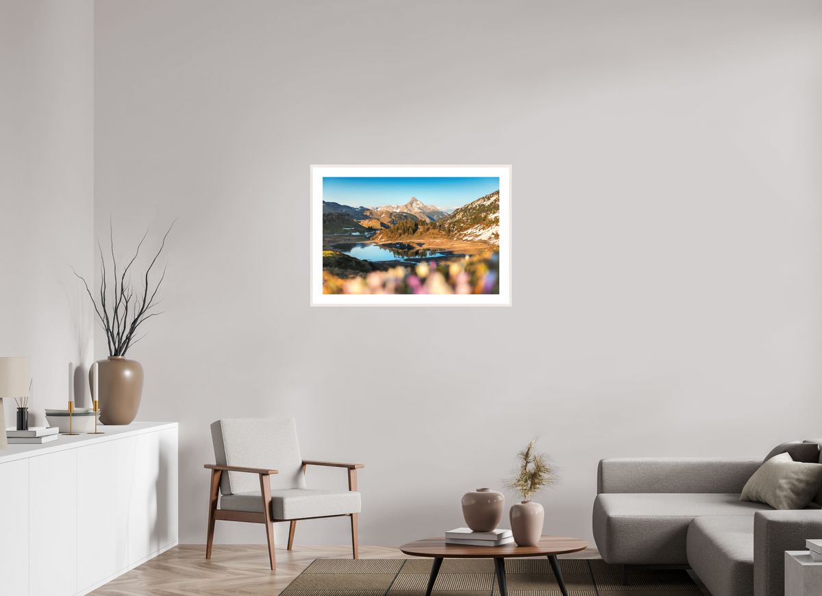 90 x 60 cm, Rahmen-Weiß Körbersee Sunset, Warth Arlberg