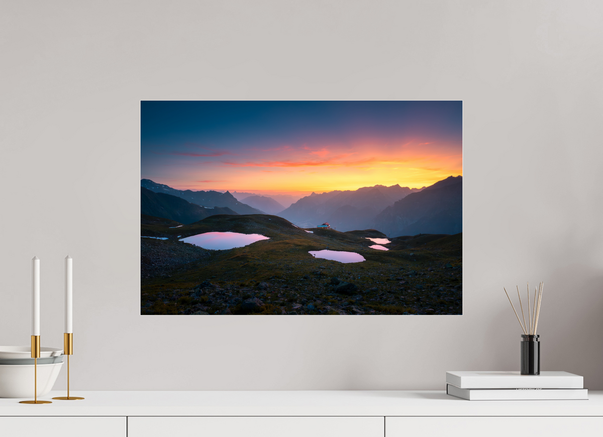 60 x 40 cm, Photo Print Under Acrylic Glass Mountain Lakes at Sunset