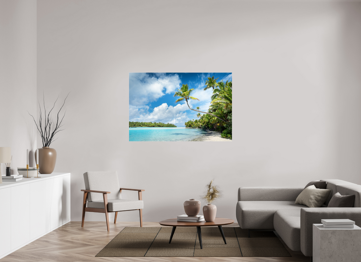 150 x 100 cm, Photo Print Under Acrylic Glass Curved Palm Over the Lagoon, Aitutaki