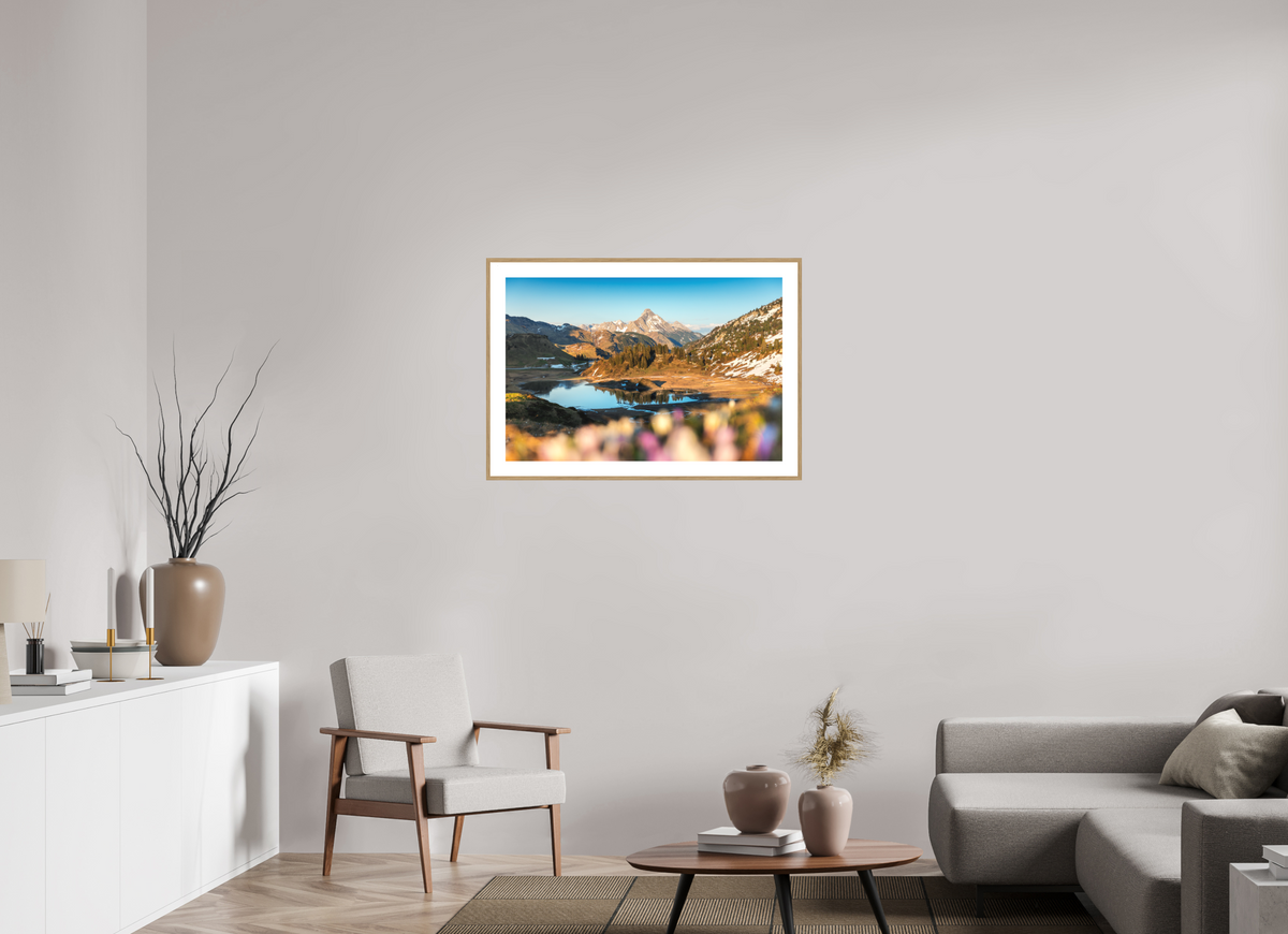90 x 60 cm, Rahmen-Holzoptik Körbersee Sunset, Warth Arlberg