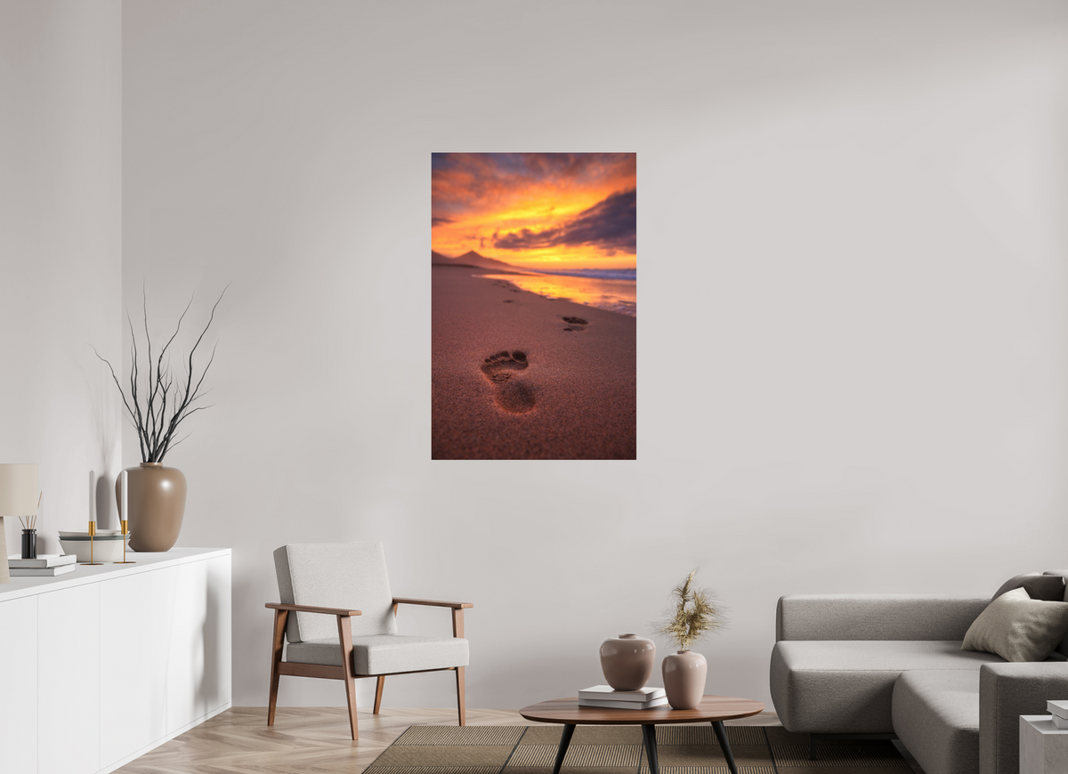 80 x 120 cm, Photo Print Under Acrylic Glass Footprints at Sunset, Cofete, Fuerteventura