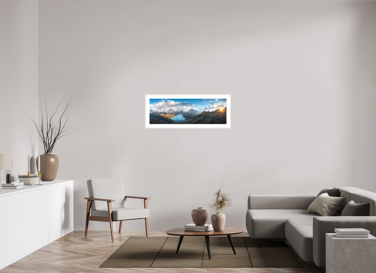 108 x 36 cm, Rahmen-Weiß Silvretta Reservoir Golden Sunset, Alps