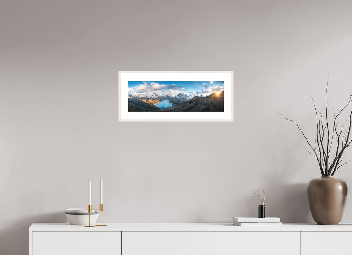 60 x 20 cm, Rahmen-Weiß Silvretta Reservoir Golden Sunset, Alps