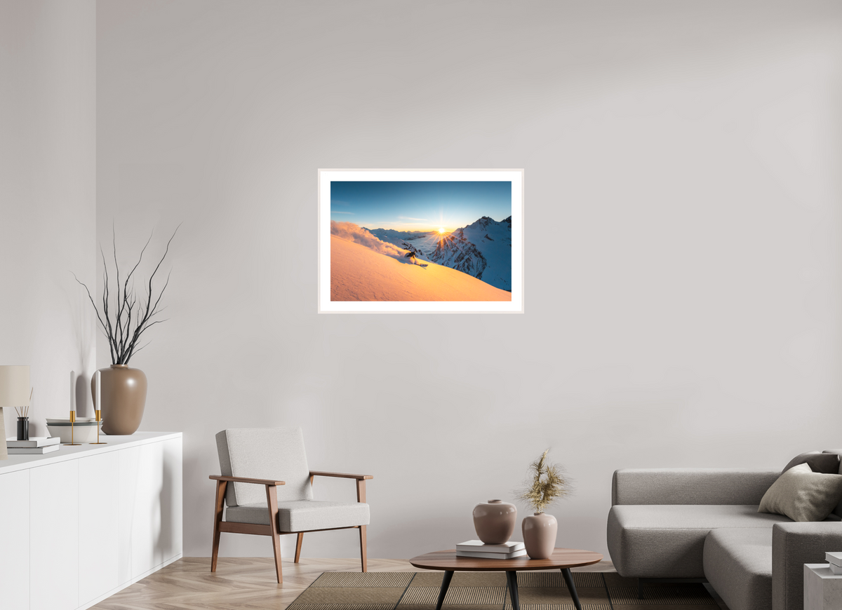 90 x 60 cm, Rahmen-Weiß Freeride at Sunset, Trittkopf, Arlberg