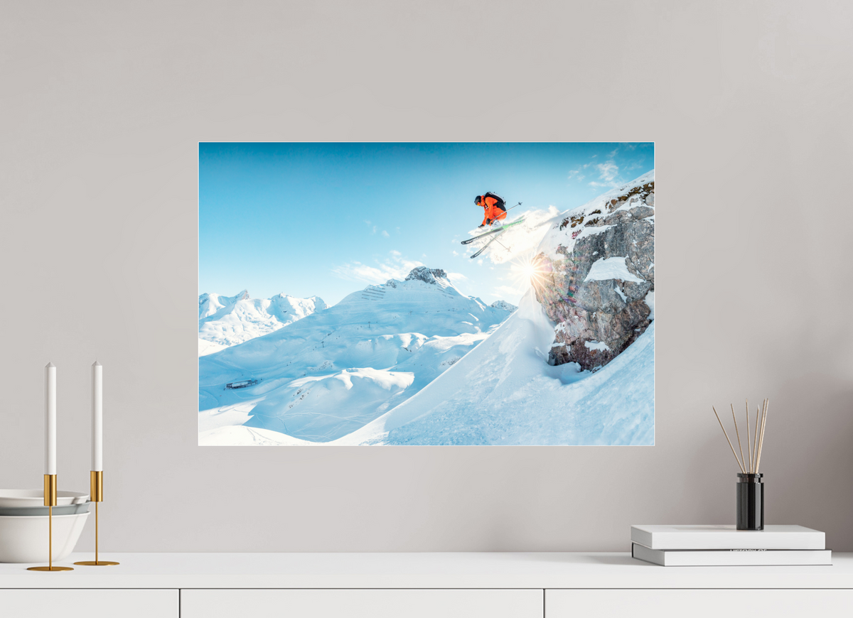 60 x 40 cm, Photo Print Under Acrylic Glass Freeride Jump Over the Rocks, Zürs