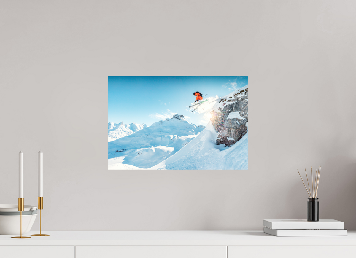 45 x 30 cm, Papierprint ohne Rahmen Freeride Jump Over the Rocks, Zürs