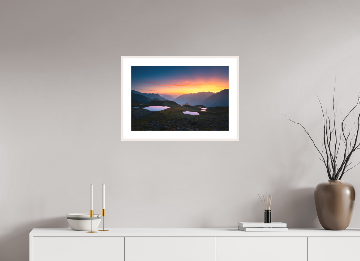 60 x 40 cm, Rahmen-Weiß Mountain Lakes at Sunset