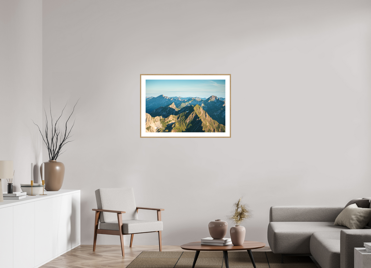 90 x 60 cm, Rahmen-Holzoptik Mohnenfluh Morning Light, Lech Austria