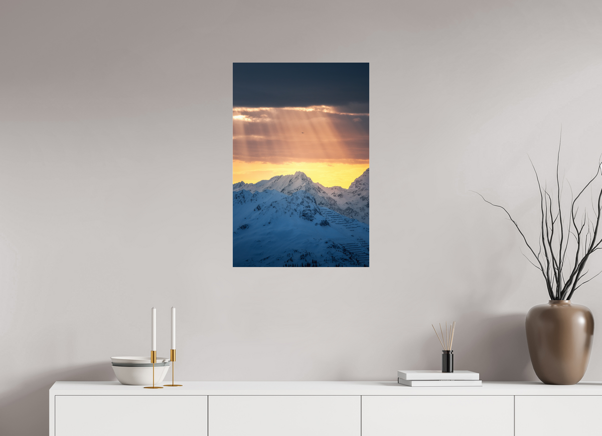 50 x 75 cm, Photo Print Under Acrylic Glass Light Rays Over the Peaks, Zürs