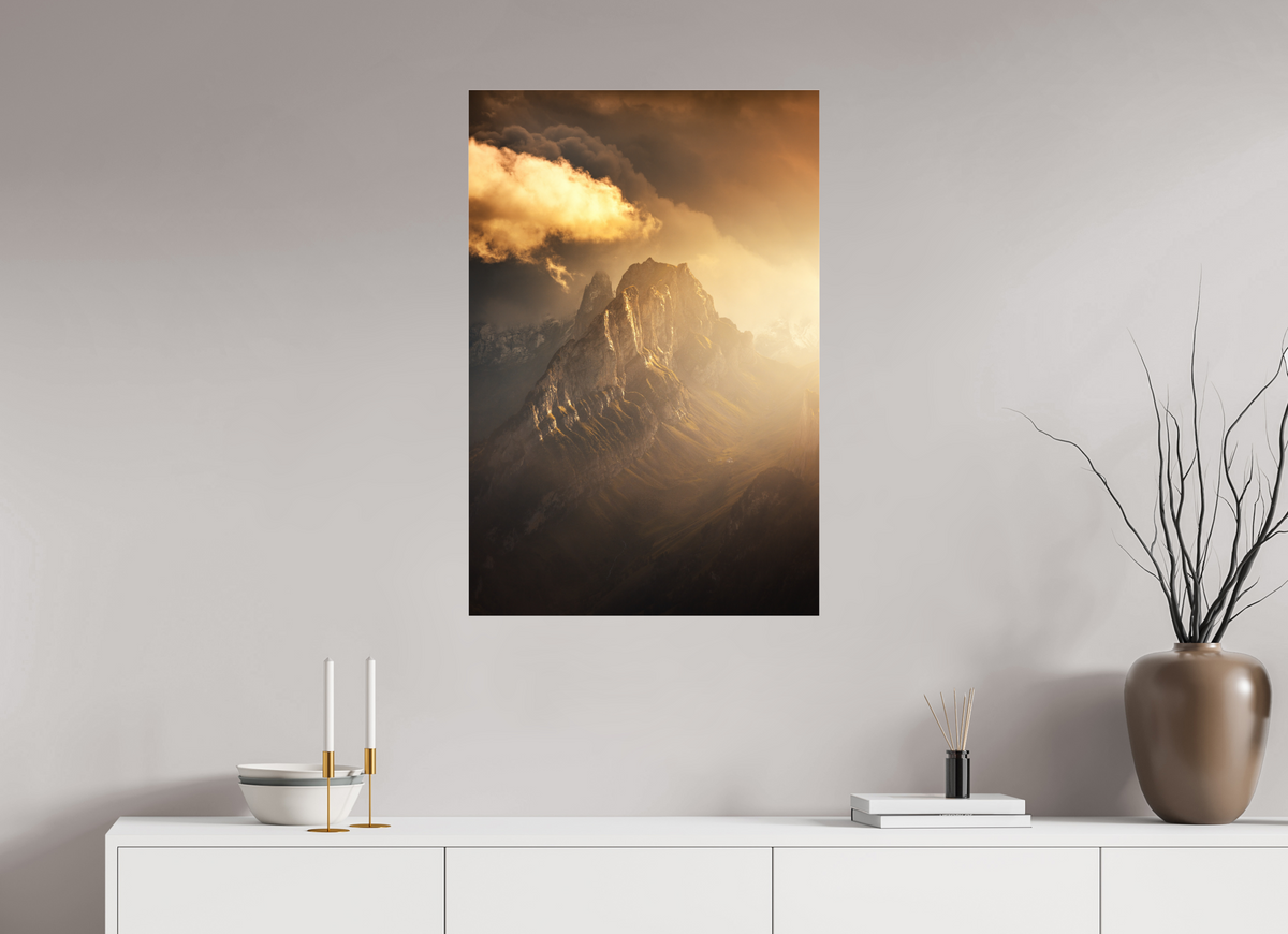 60 x 90 cm, Photo Print Under Acrylic Glass Glowing Mountainscape, Hoher Kasten