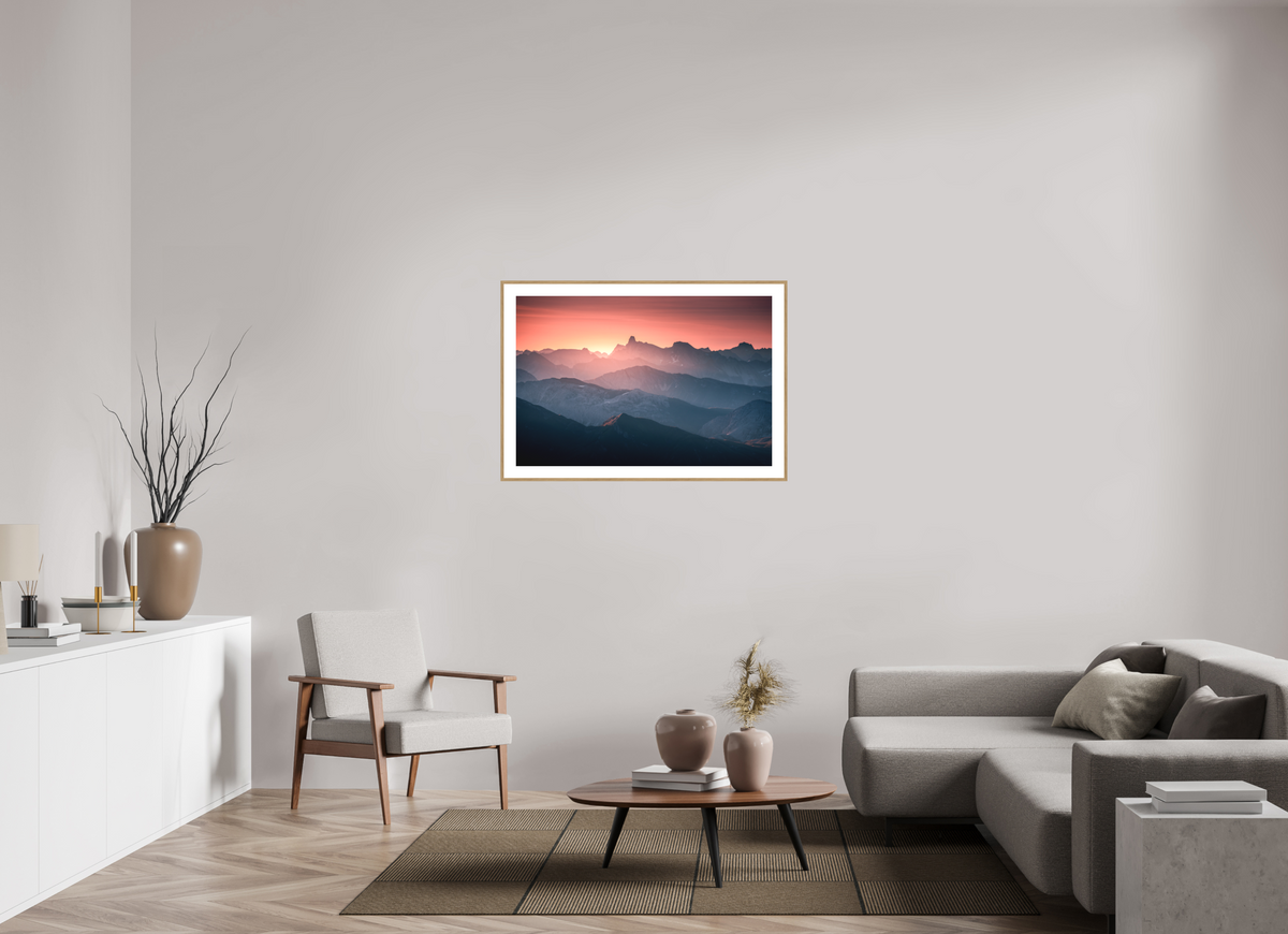 105 x 70 cm, Rahmen-Holzoptik Mountain Layers Below the Mohnenfluh, Lech
