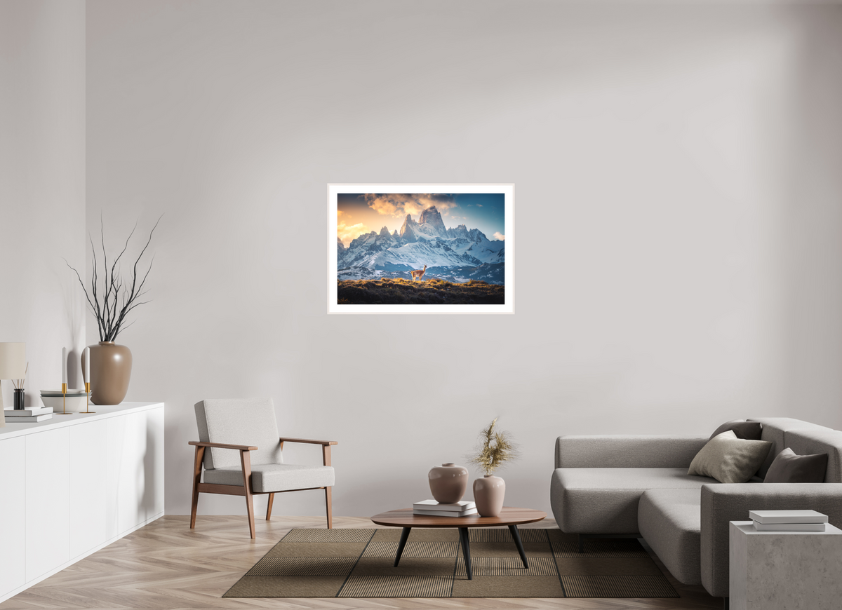 105 x 70 cm, Rahmen-Weiß Guanaco at Fitz Roy, Patagonia
