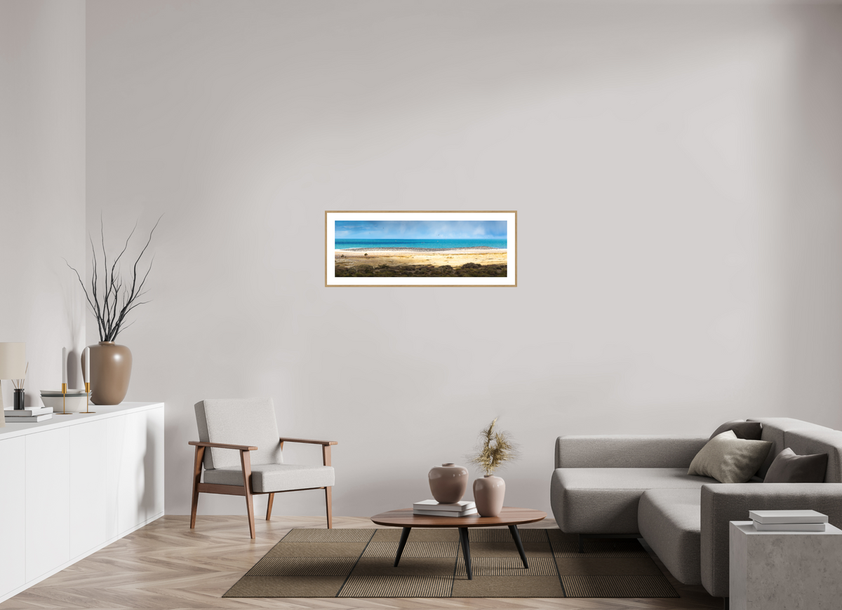 108 x 36 cm, Rahmen-Holzoptik Penguins on the Beach, Argentine Patagonia