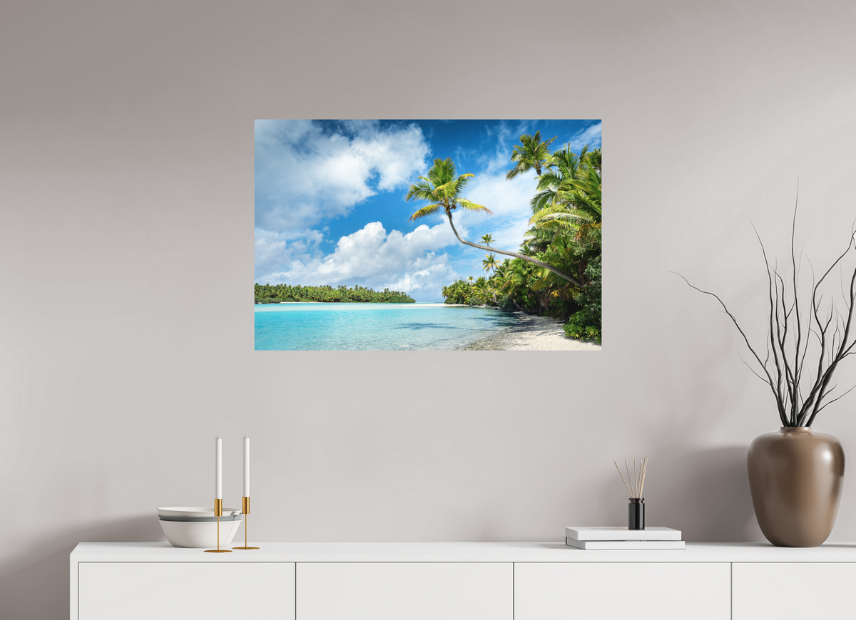90 x 60 cm, Papierprint ohne Rahmen Curved Palm Over the Lagoon, Aitutaki