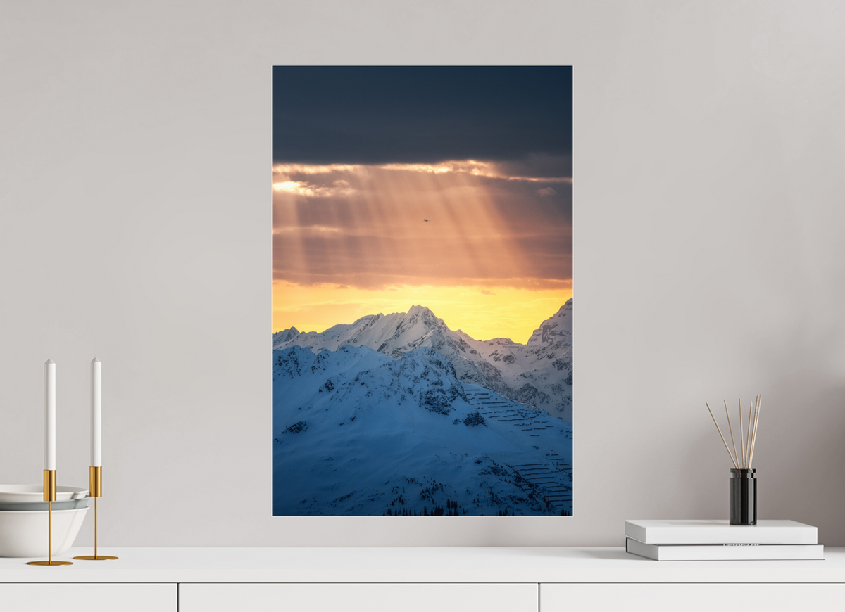 40 x 60 cm, Photo Print Under Acrylic Glass Light Rays Over the Peaks, Zürs