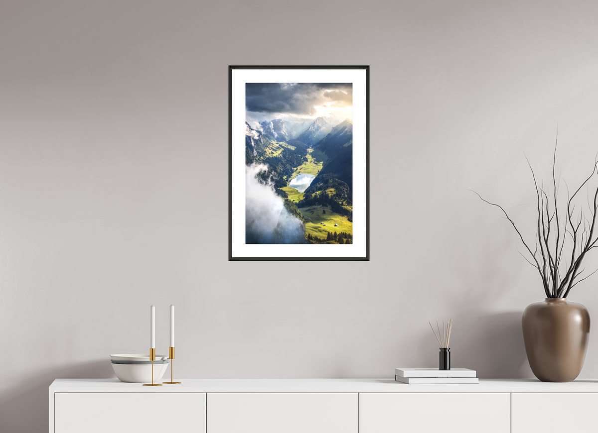 40 x 60 cm, Rahmen-Schwarz Alpine Valley and Lake, Hoher Kasten