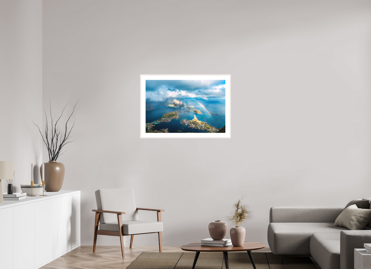 90 x 60 cm, Rahmen-Weiß Rainbow over Reinebringen, Lofoten