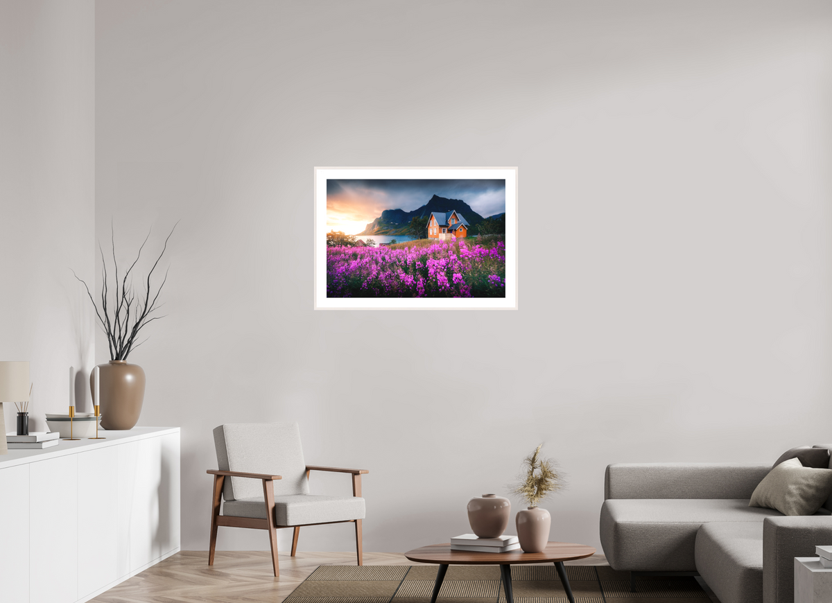 90 x 60 cm, Rahmen-Weiß Orange House with Flowers, Lofoten