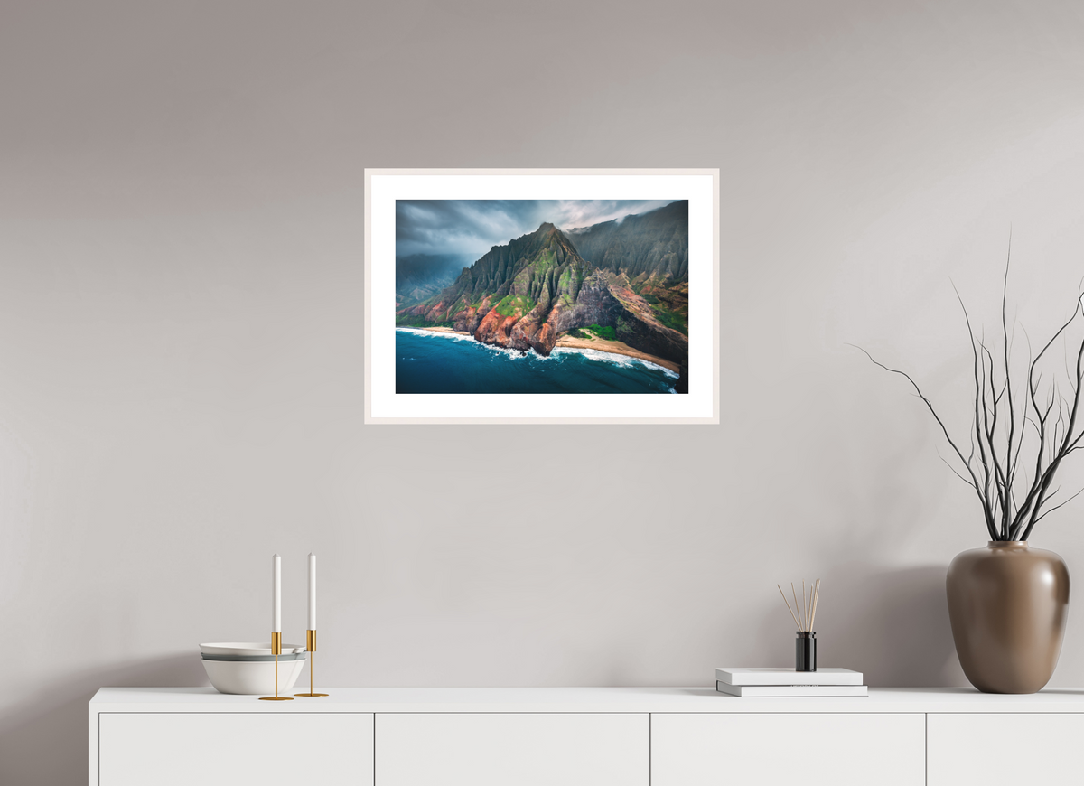 60 x 40 cm, Rahmen-Weiß Napali Coast Cliffs, Kauai Hawaii