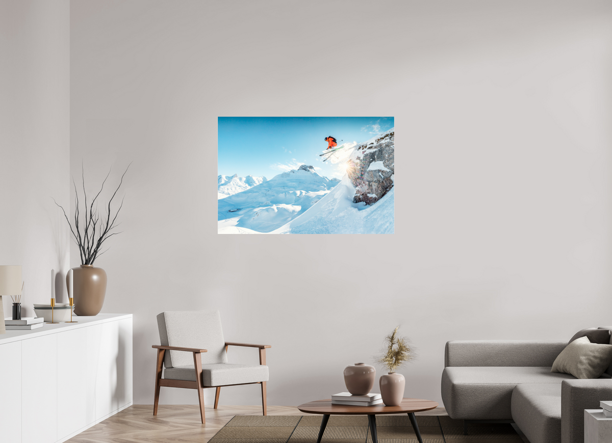 120 x 80 cm, Photo Print Under Acrylic Glass Freeride Jump Over the Rocks, Zürs