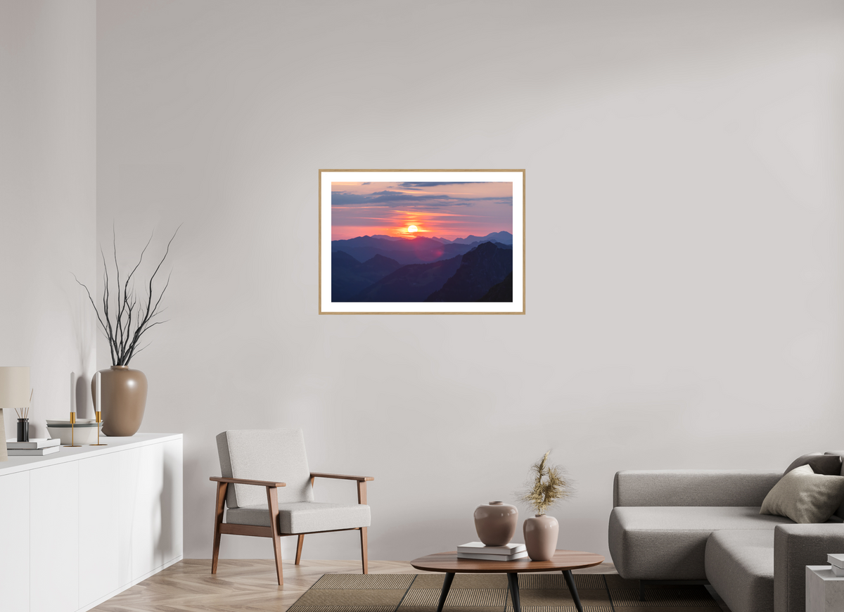 90 x 60 cm, Rahmen-Holzoptik Hohe Matona Sunrise Layers, Alps