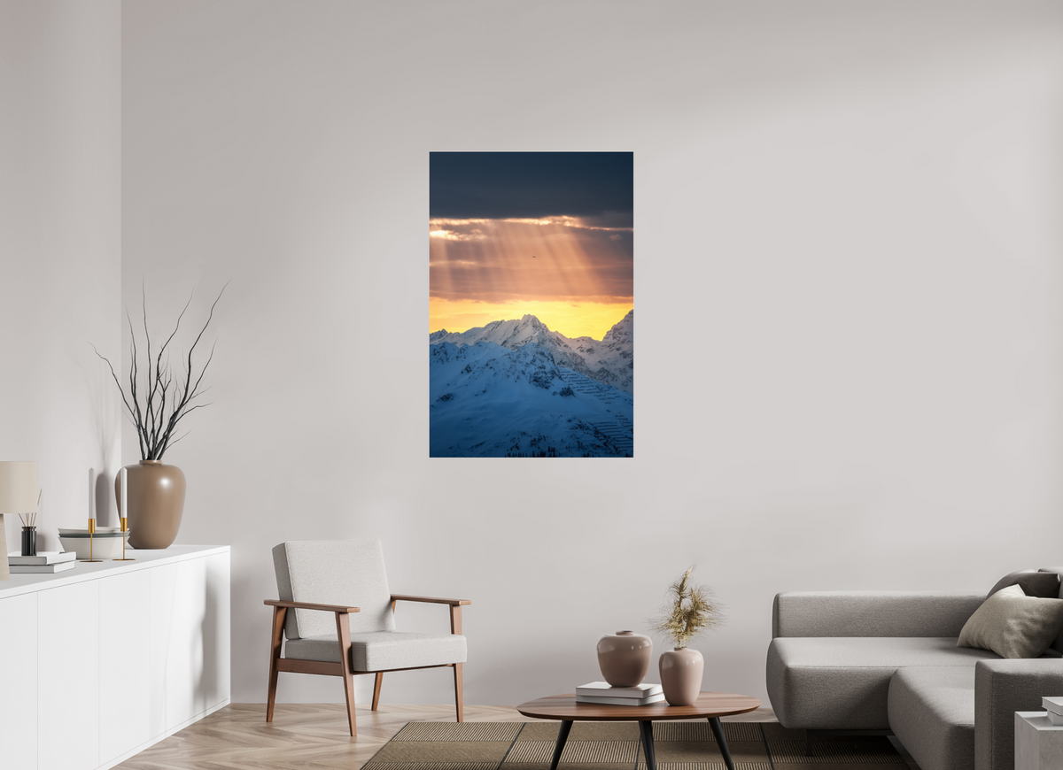 80 x 120 cm, Photo Print Under Acrylic Glass Light Rays Over the Peaks, Zürs
