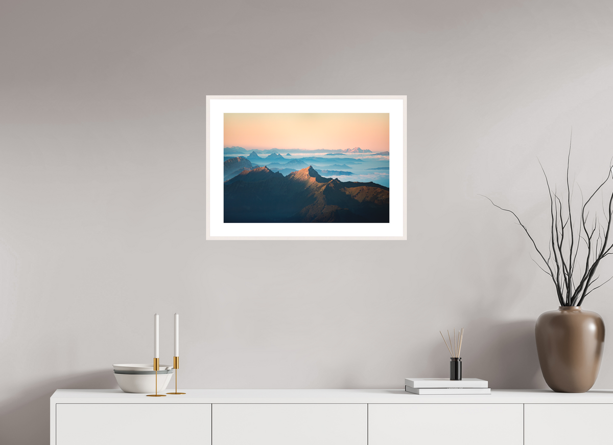 60 x 40 cm, Rahmen-Weiß Säntis Sunrise, Silhouette Peaks
