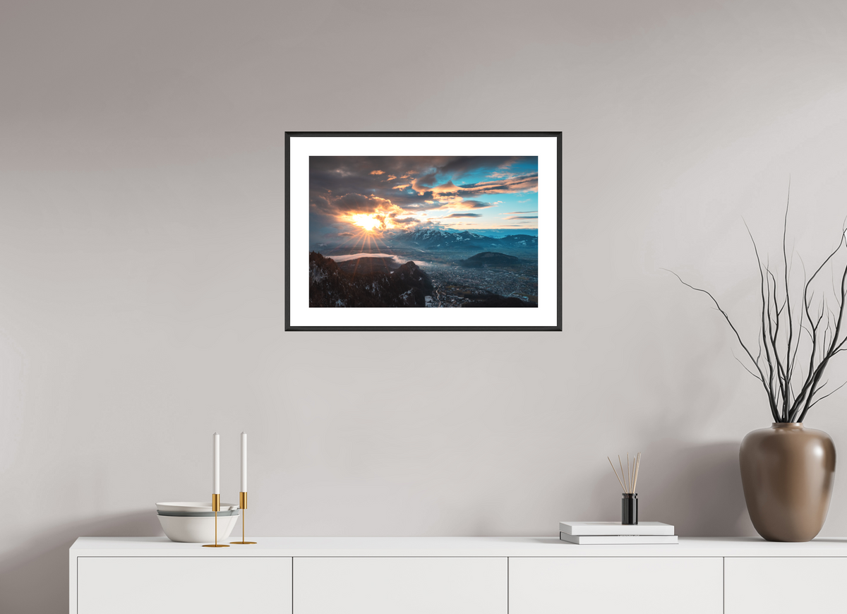 60 x 40 cm, Rahmen-Schwarz Rhine Valley Winter Sunset, Vorarlberg