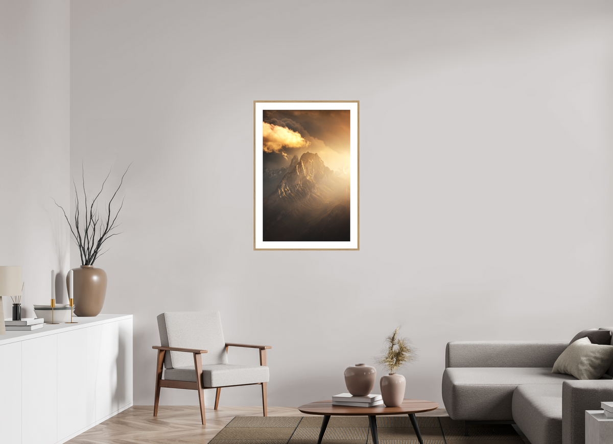 60 x 90 cm, Rahmen-Holzoptik Glowing Mountainscape, Hoher Kasten