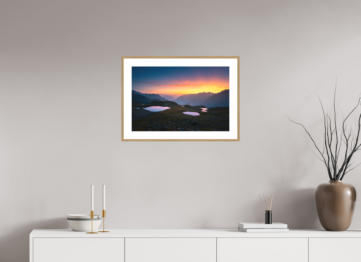60 x 40 cm, Rahmen-Holzoptik Mountain Lakes at Sunset