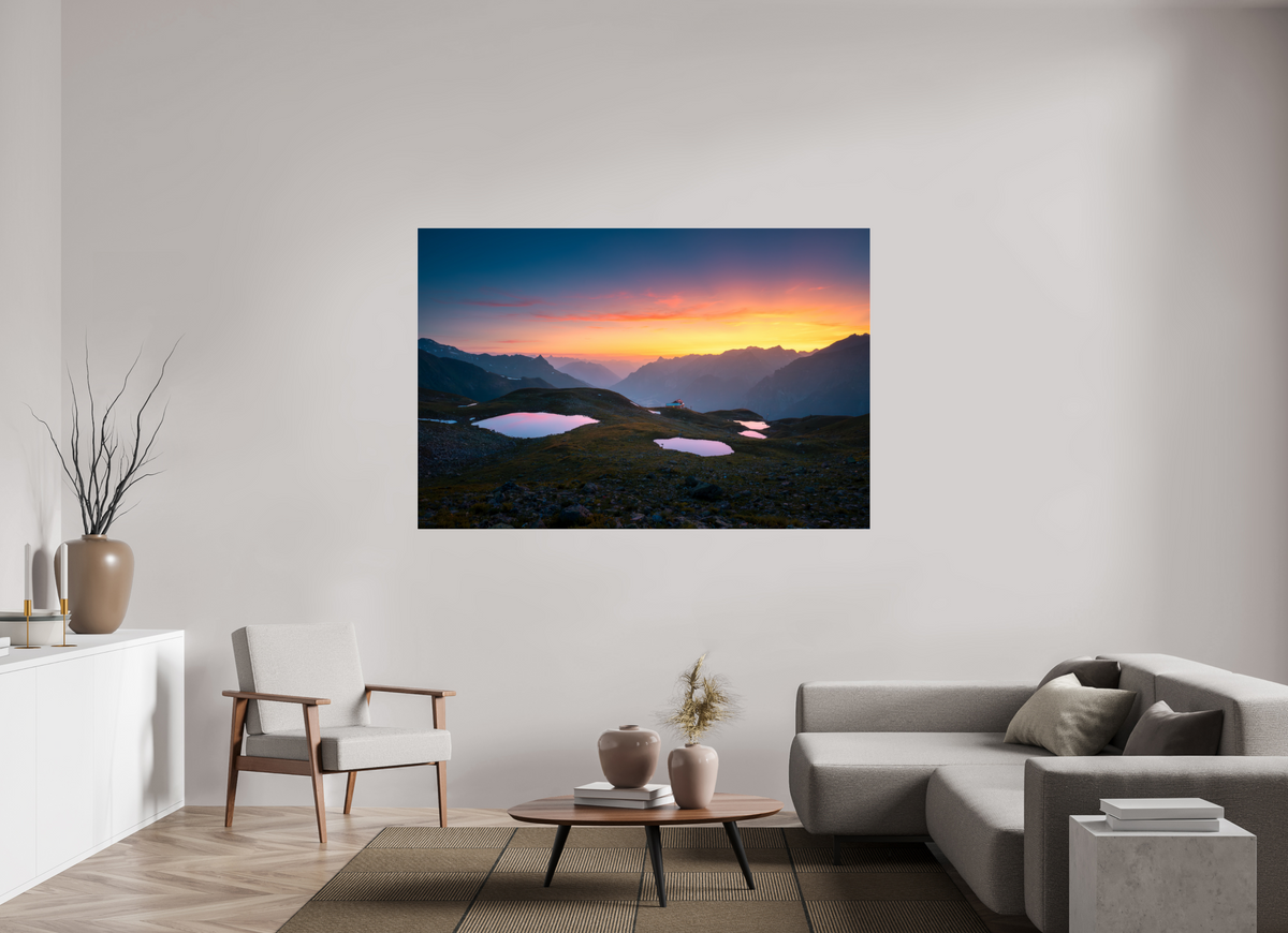 180 x 120 cm, Photo Print Under Acrylic Glass Mountain Lakes at Sunset