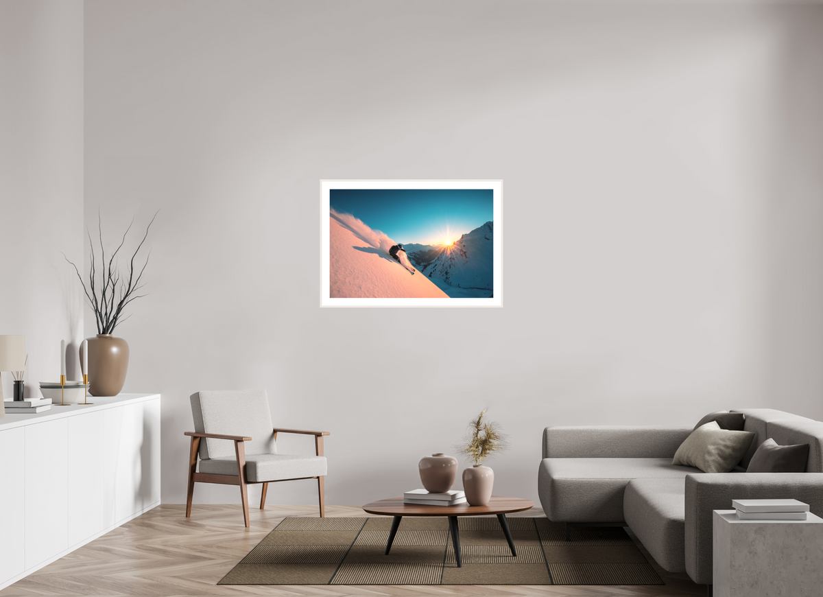 105 x 70 cm, Rahmen-Weiß Skiing Into the Sunset, Flexenpass