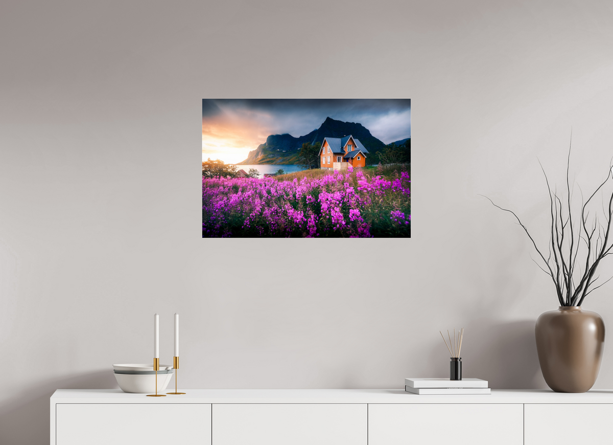 75 x 50 cm, Photo Print Under Acrylic Glass Orange House with Flowers, Lofoten