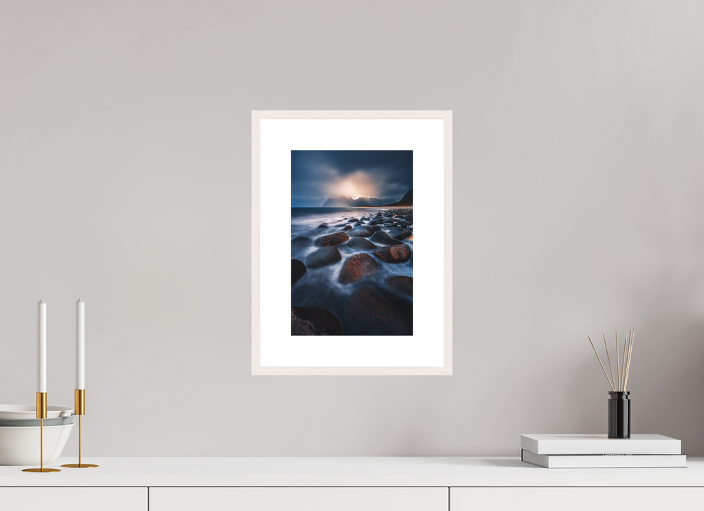 20 x 30 cm, Rahmen-Weiß Rocky Beach at Sunset, Lofoten