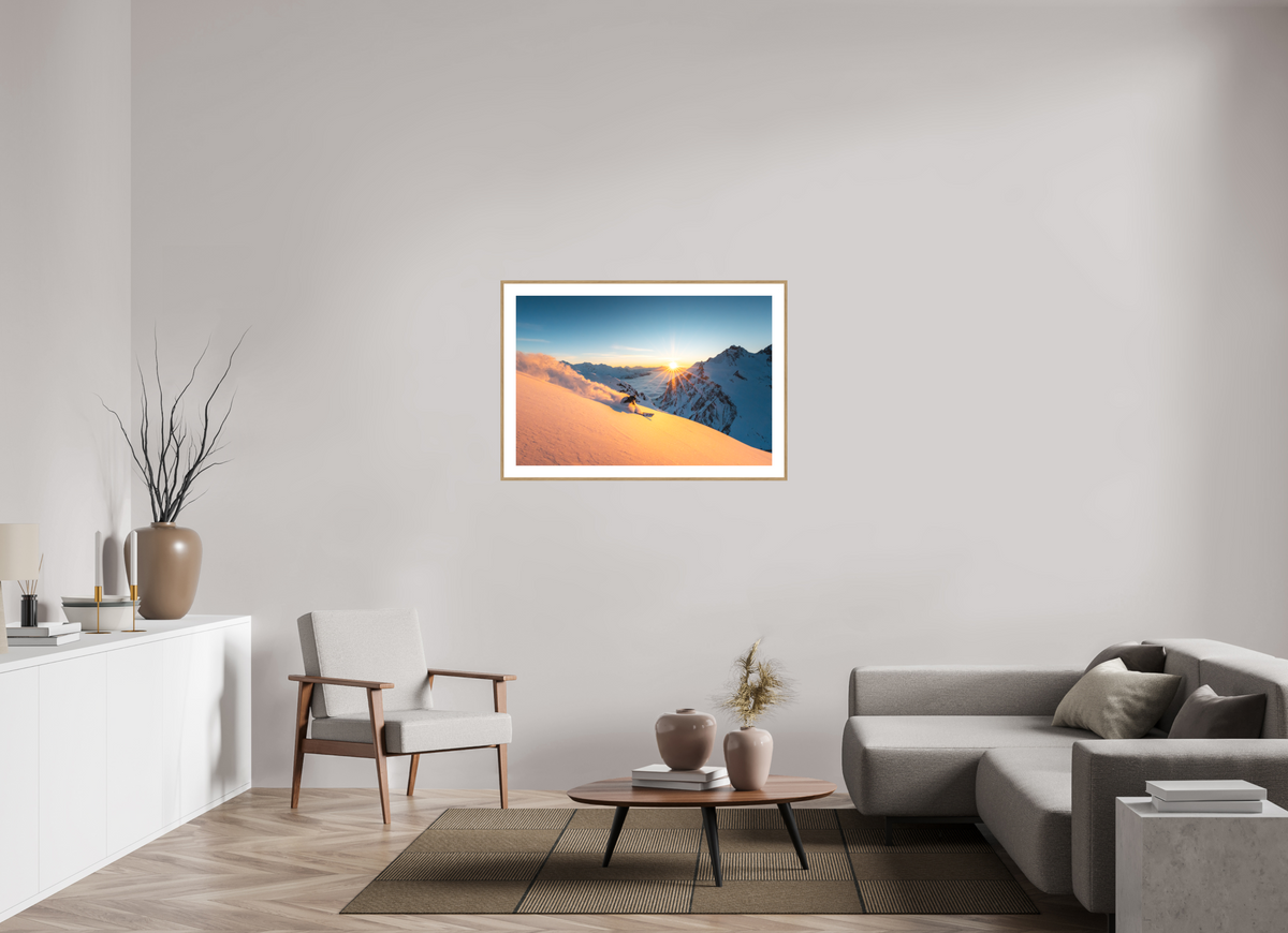 105 x 70 cm, Rahmen-Holzoptik Freeride at Sunset, Trittkopf, Arlberg