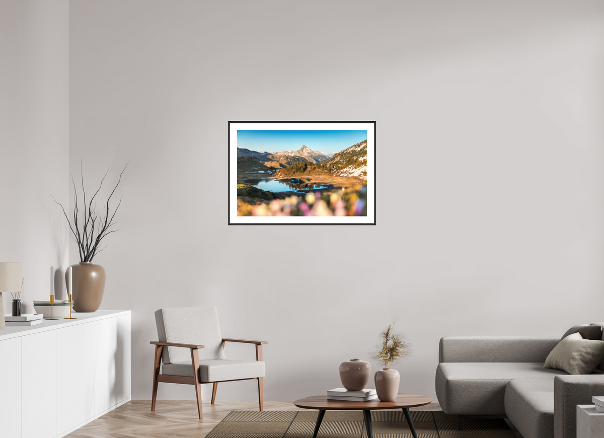 90 x 60 cm, Rahmen-Schwarz Körbersee Sunset, Warth Arlberg