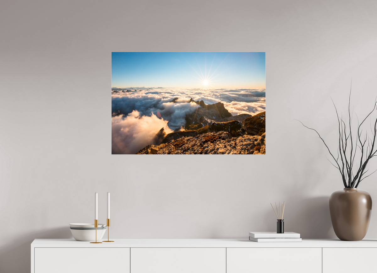 90 x 60 cm, Photo Print Under Acrylic Glass Säntis Sunset Clouds, Switzerland
