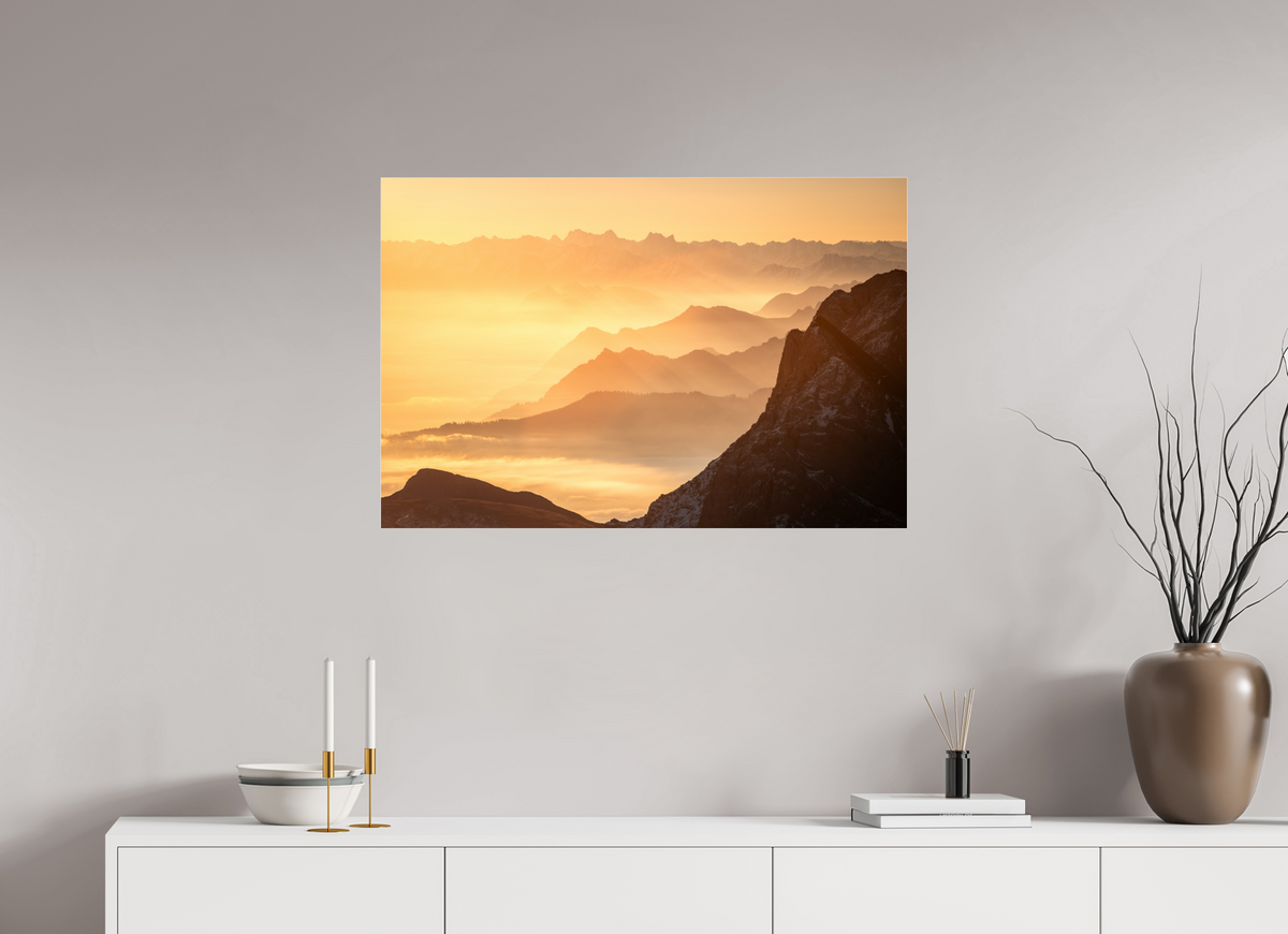 90 x 60 cm, Photo Print Under Acrylic Glass Säntis Hazy Sunrise Layers, Switzerland