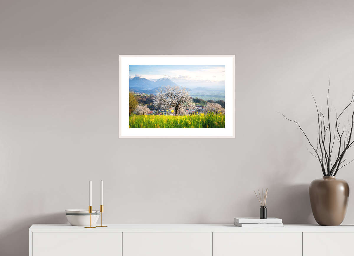 60 x 40 cm, Rahmen-Weiß Spring Cherry Tree Meadow, Fraxern