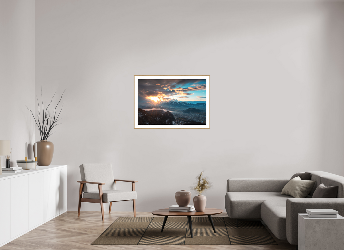 105 x 70 cm, Rahmen-Holzoptik Rhine Valley Winter Sunset, Vorarlberg