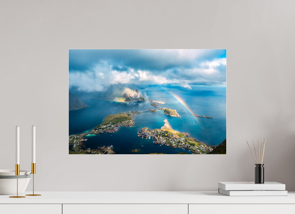 60 x 40 cm, Photo Print Under Acrylic Glass Rainbow over Reinebringen, Lofoten