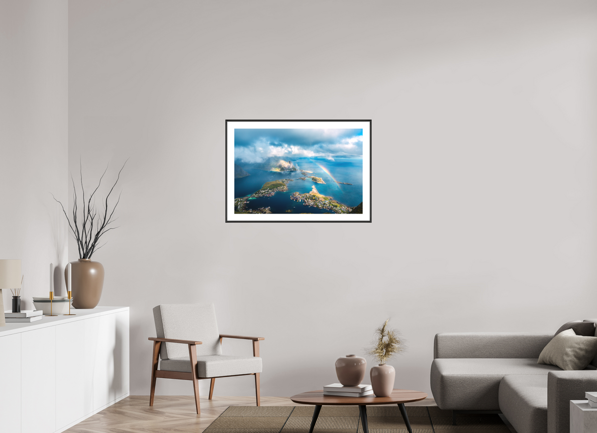 90 x 60 cm, Rahmen-Schwarz Rainbow over Reinebringen, Lofoten