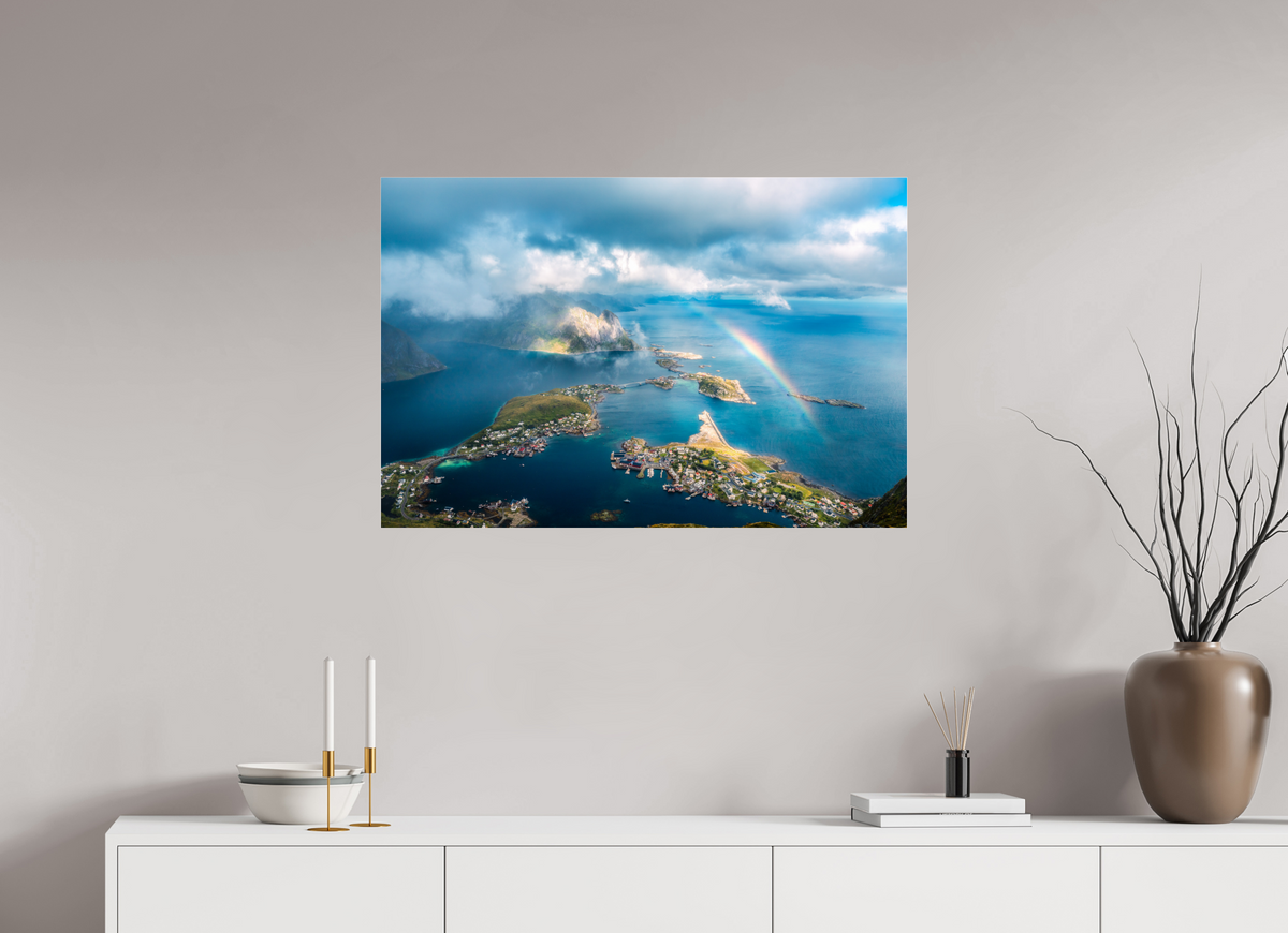 90 x 60 cm, Photo Print Under Acrylic Glass Rainbow over Reinebringen, Lofoten