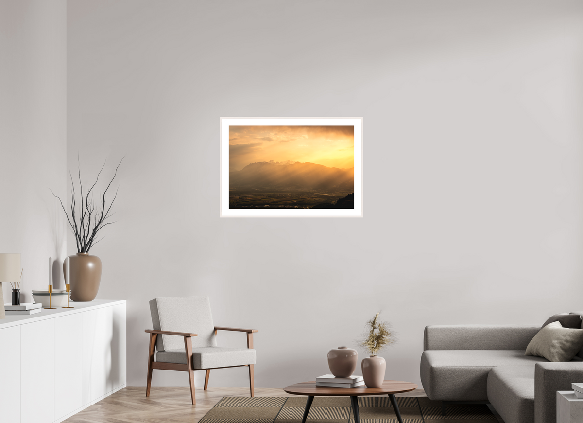 90 x 60 cm, Rahmen-Weiß Hoher Kasten in Golden Light, Alpstein