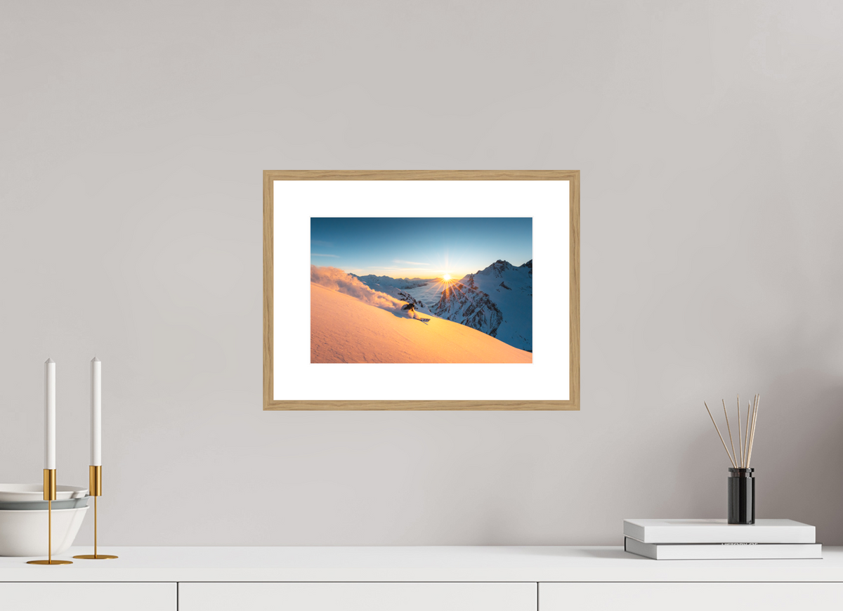 30 x 20 cm, Rahmen-Holzoptik Freeride at Sunset, Trittkopf, Arlberg