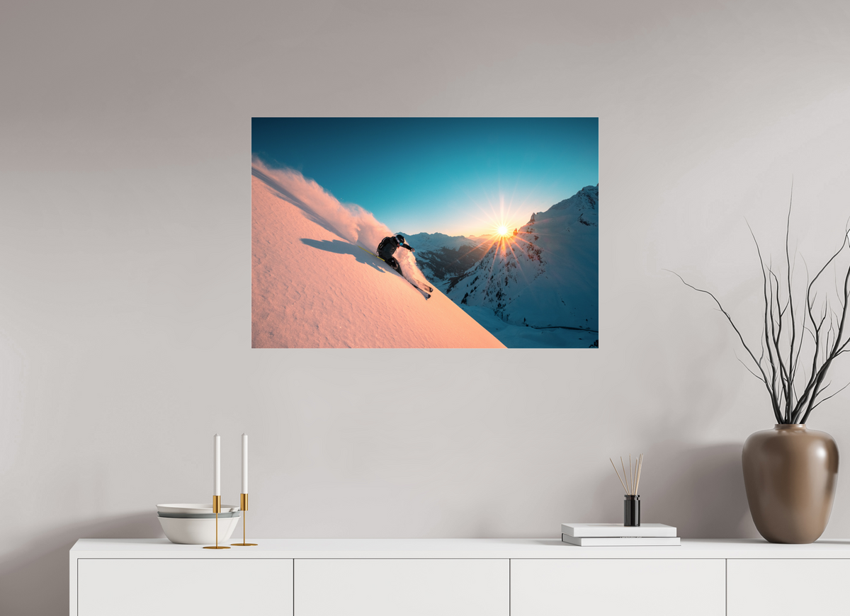 90 x 60 cm, Photo Print Under Acrylic Glass Skiing Into the Sunset, Flexenpass