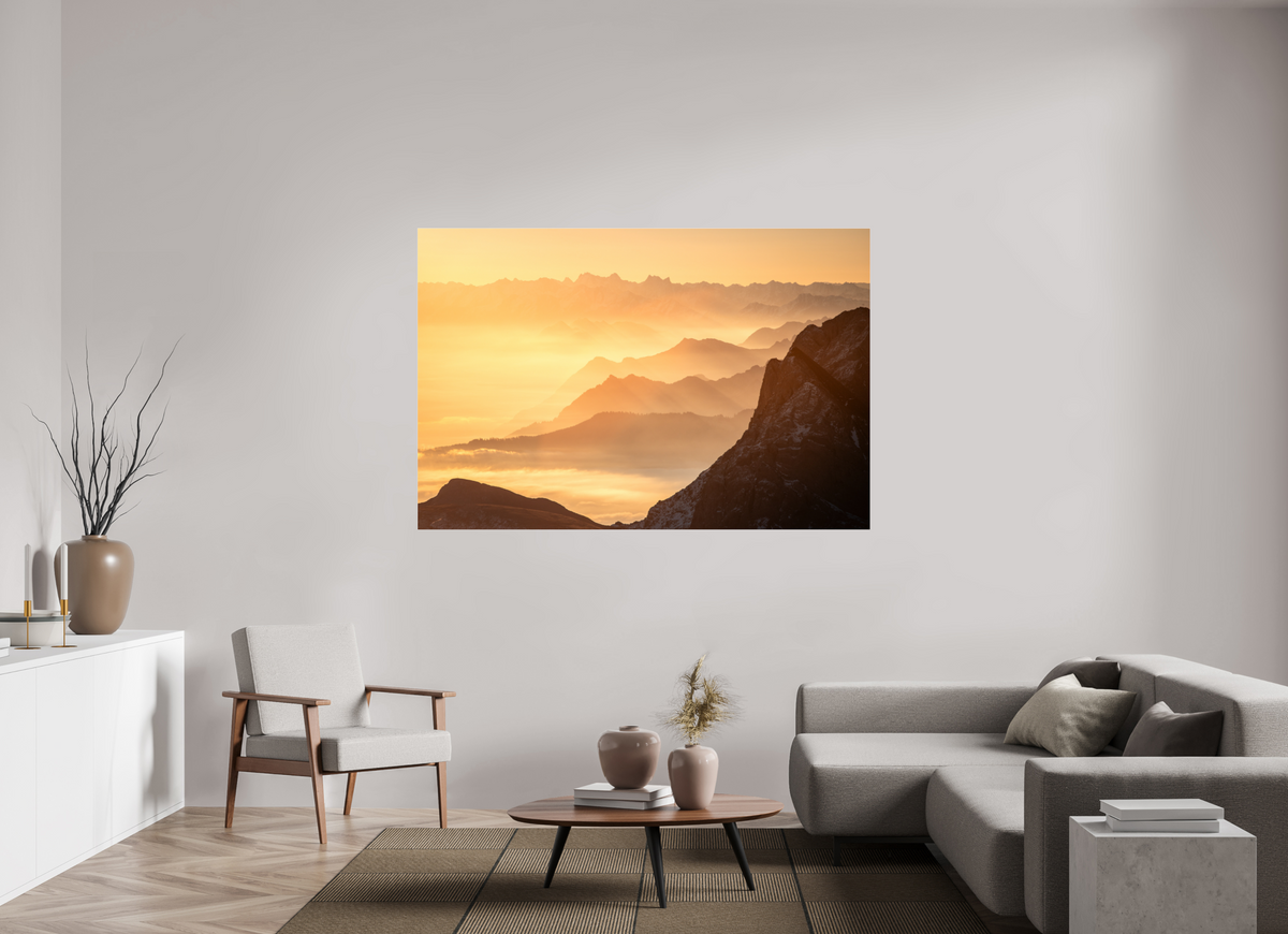 180 x 120 cm, Photo Print Under Acrylic Glass Säntis Hazy Sunrise Layers, Switzerland