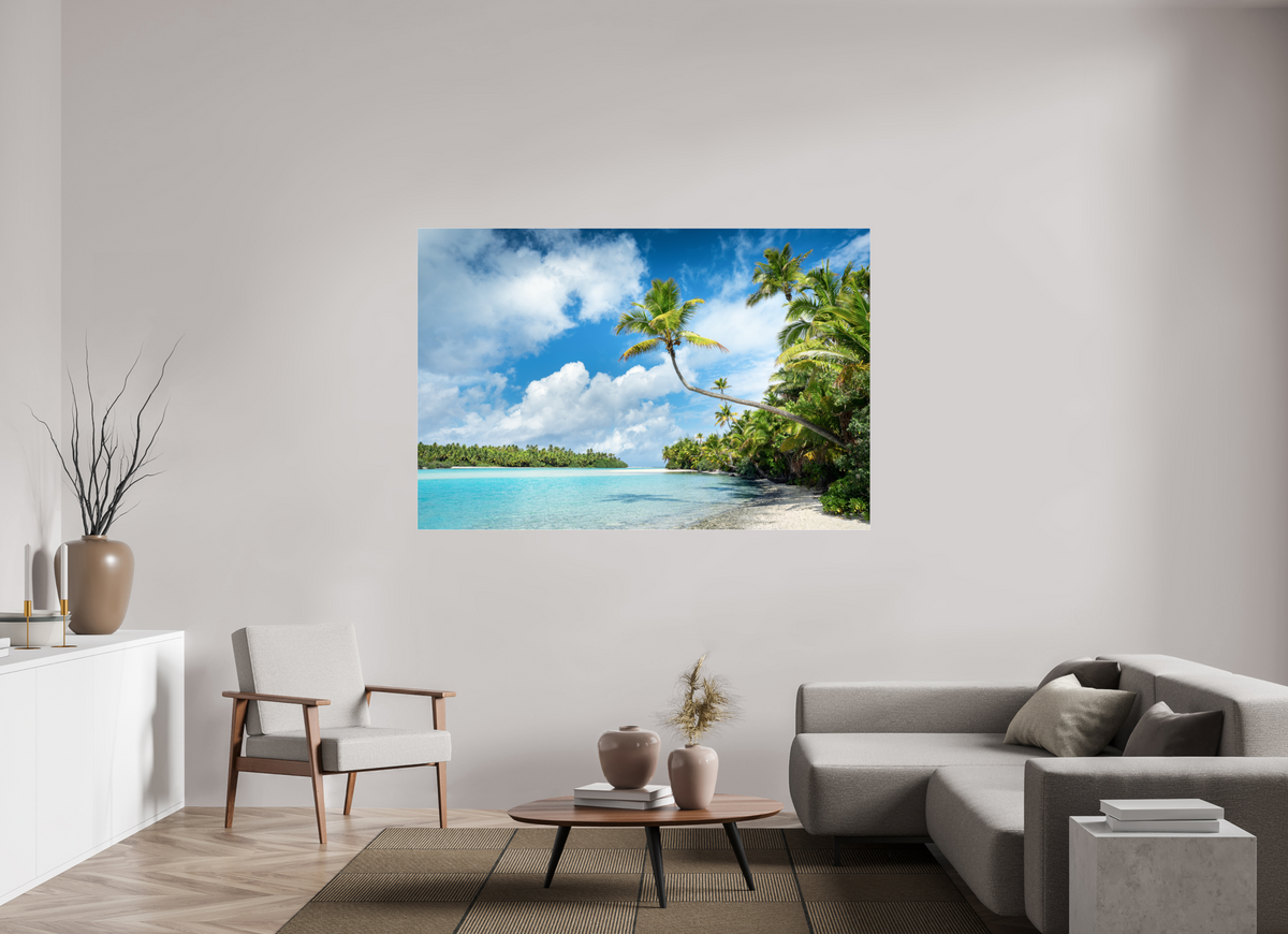 180 x 120 cm, Photo Print Under Acrylic Glass Curved Palm Over the Lagoon, Aitutaki