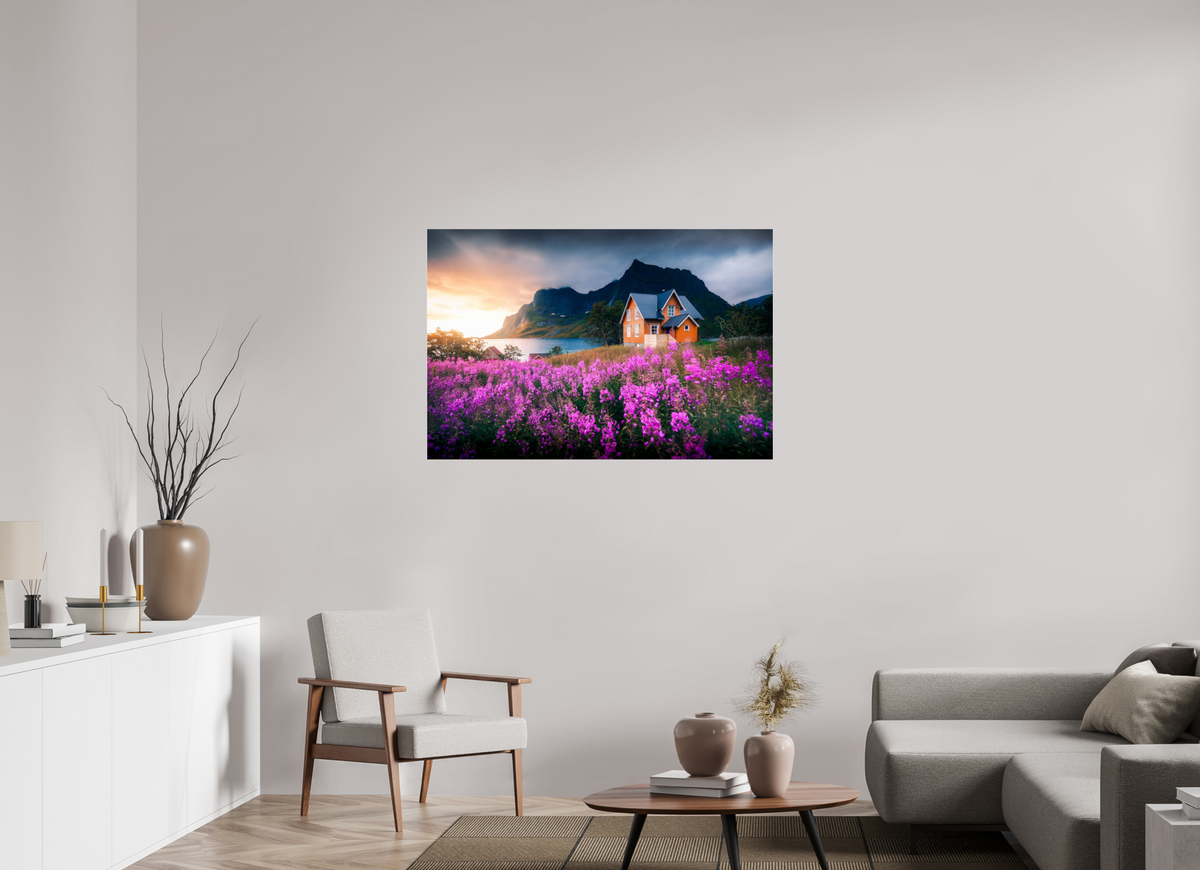 120 x 80 cm, Photo Print Under Acrylic Glass Orange House with Flowers, Lofoten